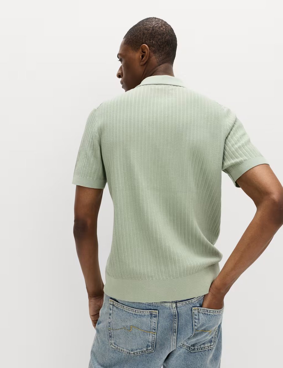 Marks & Spencer M&S Cotton Rich Ribbed Knitted Zip Up Polo Shirt Pistachio - 3