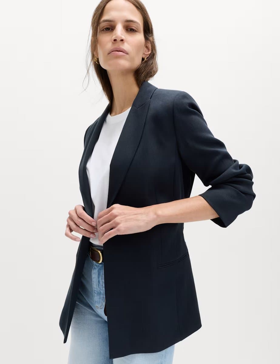 Marks & Spencer M&S Tie Belted Blazer with Linen Midnight Navy