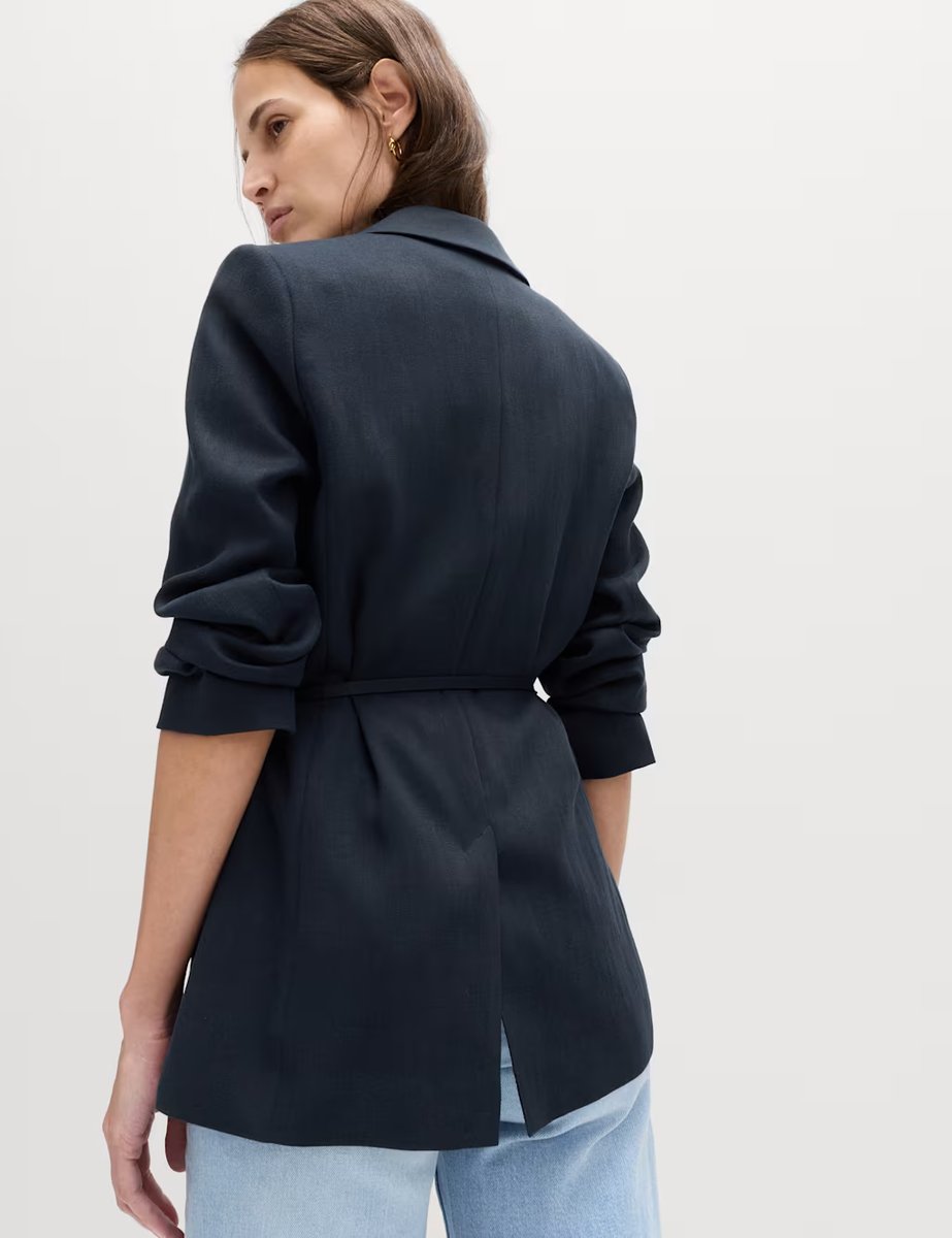 Marks & Spencer M&S Tie Belted Blazer with Linen Midnight Navy - 3