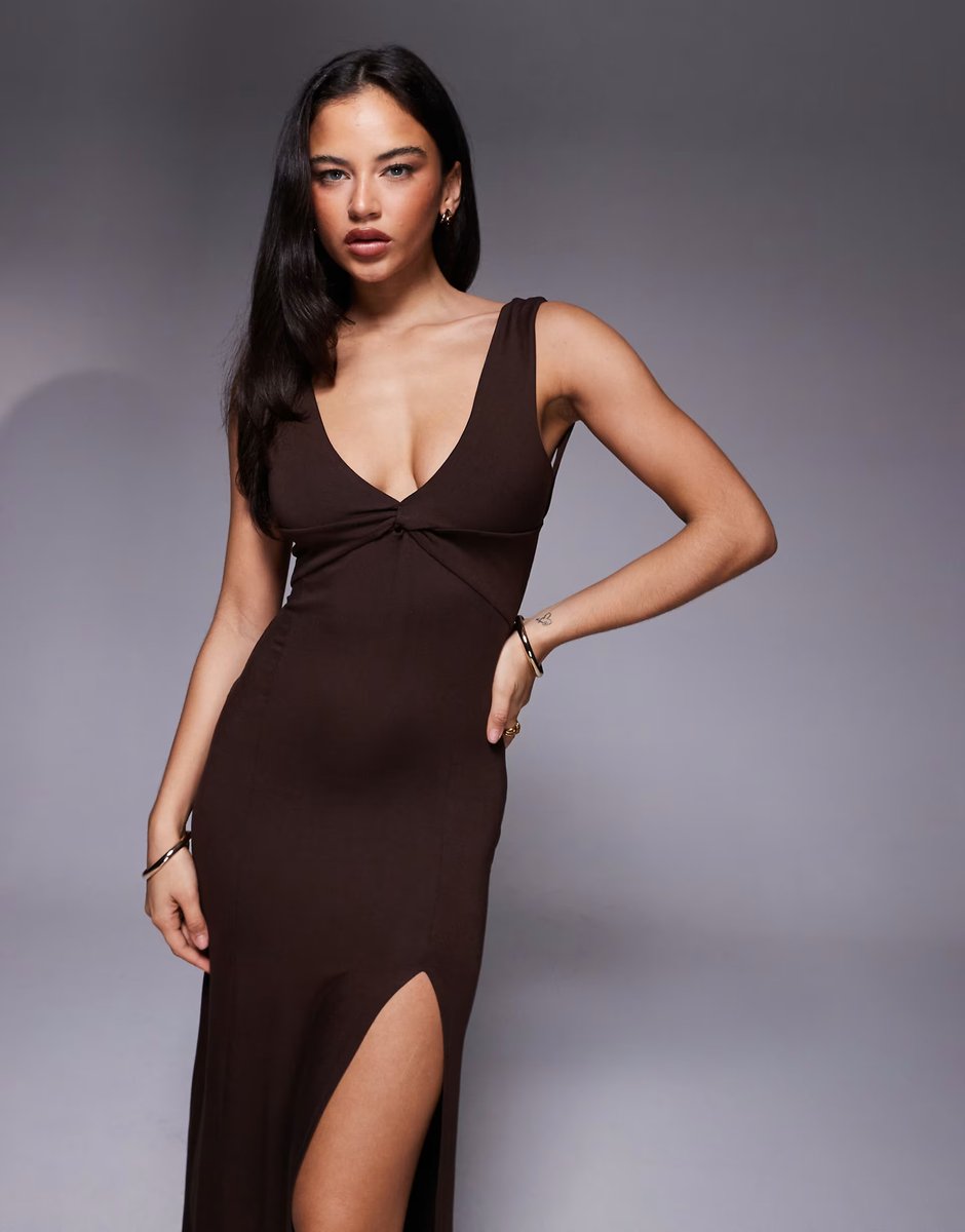 ASOS ASOS DESIGN sleeveless plunge wrap ruched bum maxi dress in chocolate - 3