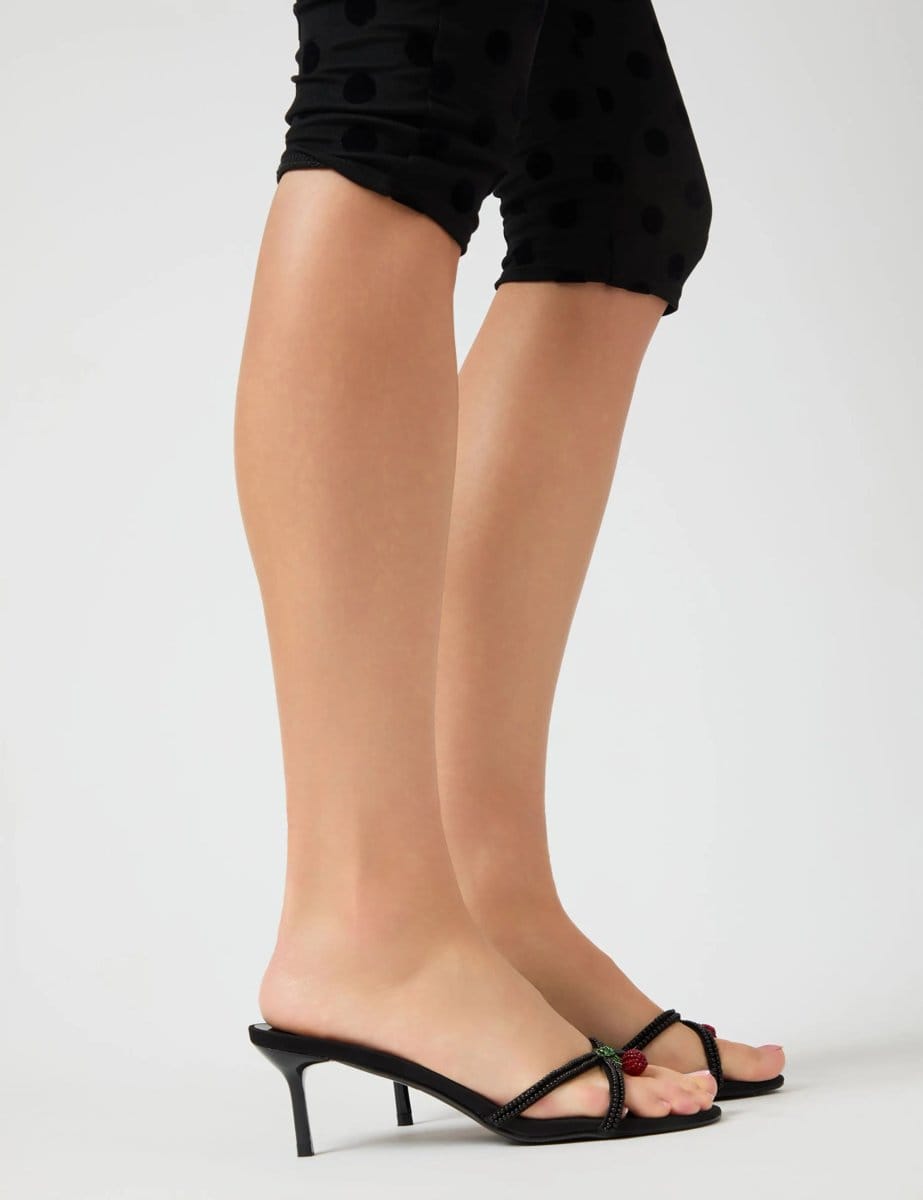 Public Desire Fructose Black Satin Beaded Cherry Charm Cross Over Mule Mid Heels - 4
