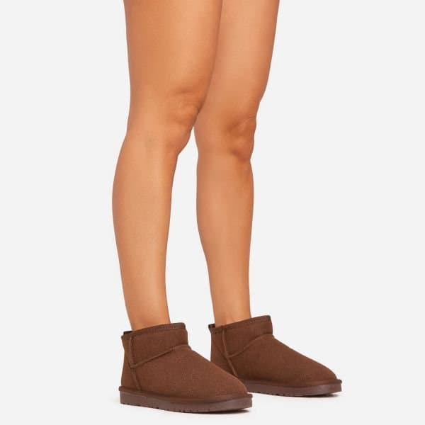 EGO Ultra Mini Ankle Length Faux Fur Lining Boots In Dark Brown Faux Suede, Women's Size UK 3