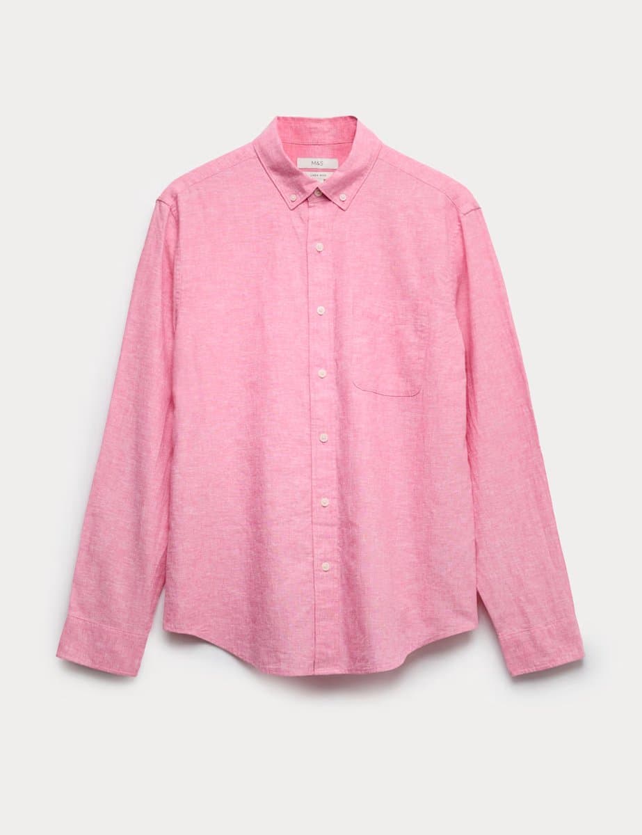 Marks & Spencer M&S Regular Fit Cotton Linen Blend Shirt Pink