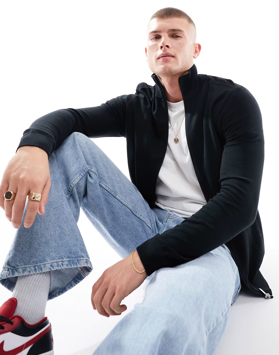 ASOS Selected Homme zip up knitted jumper in black - 1