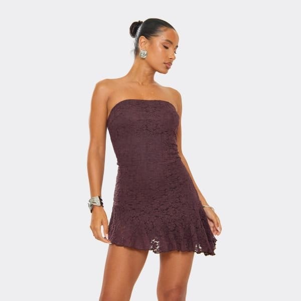 EGO Bandeau Asymmetric Frill Hem Detail Mini Dress In Chocolate Brown Lace, Women's Size UK 6 - 1