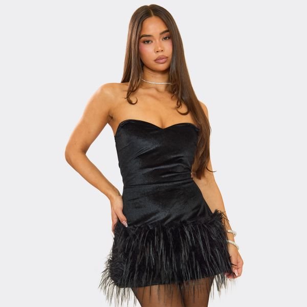 EGO Bandeau Feather Hem Detail Mini Dress In Black Velvet, Women's Size UK Medium M - 1