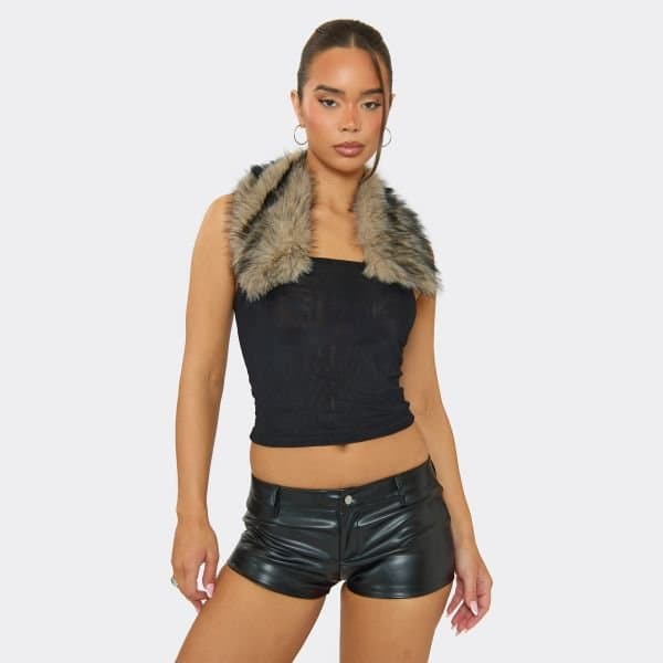 EGO Collared Faux Fur Trim Detail Top In Black, Women's Size UK Large L