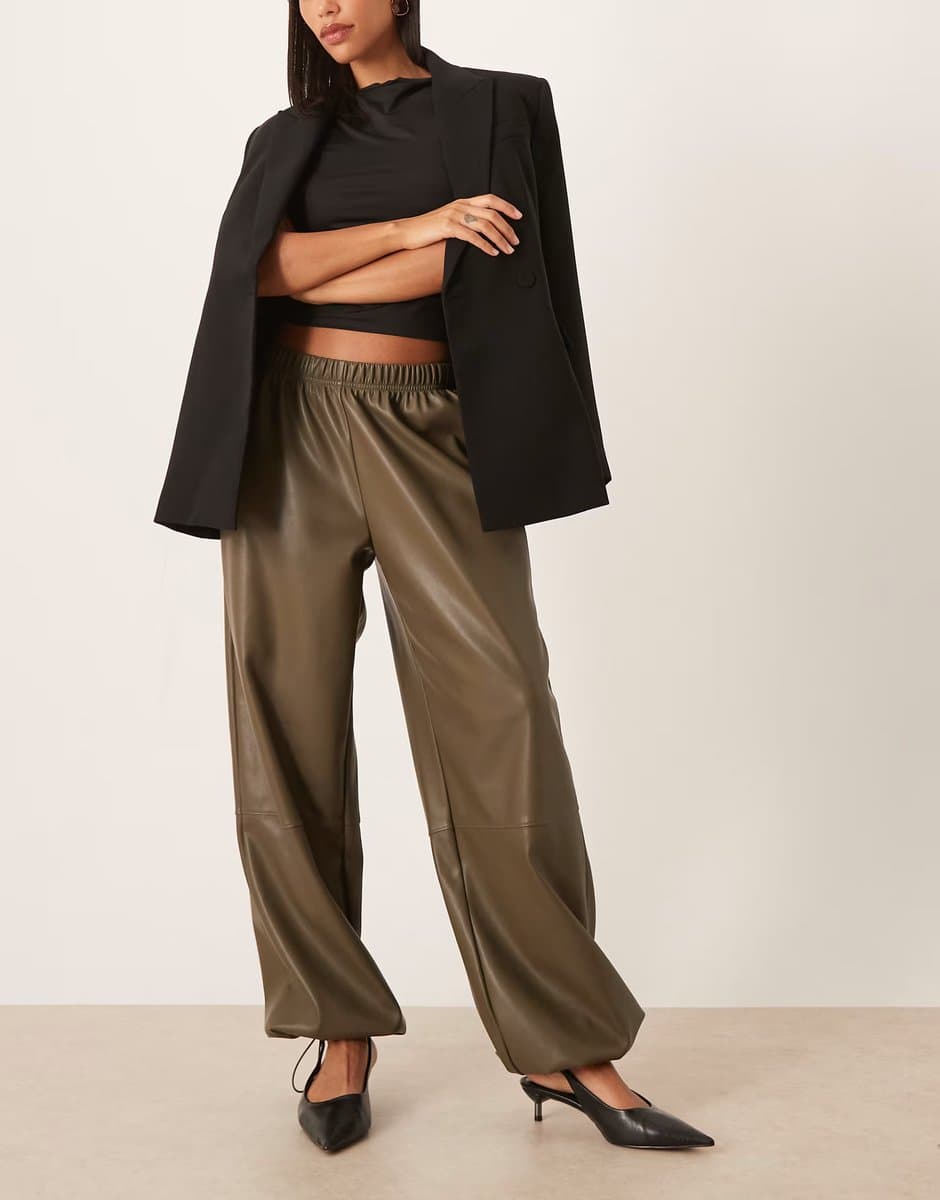ASOS Gina Tricot PU balloon fit trousers in dark khaki green