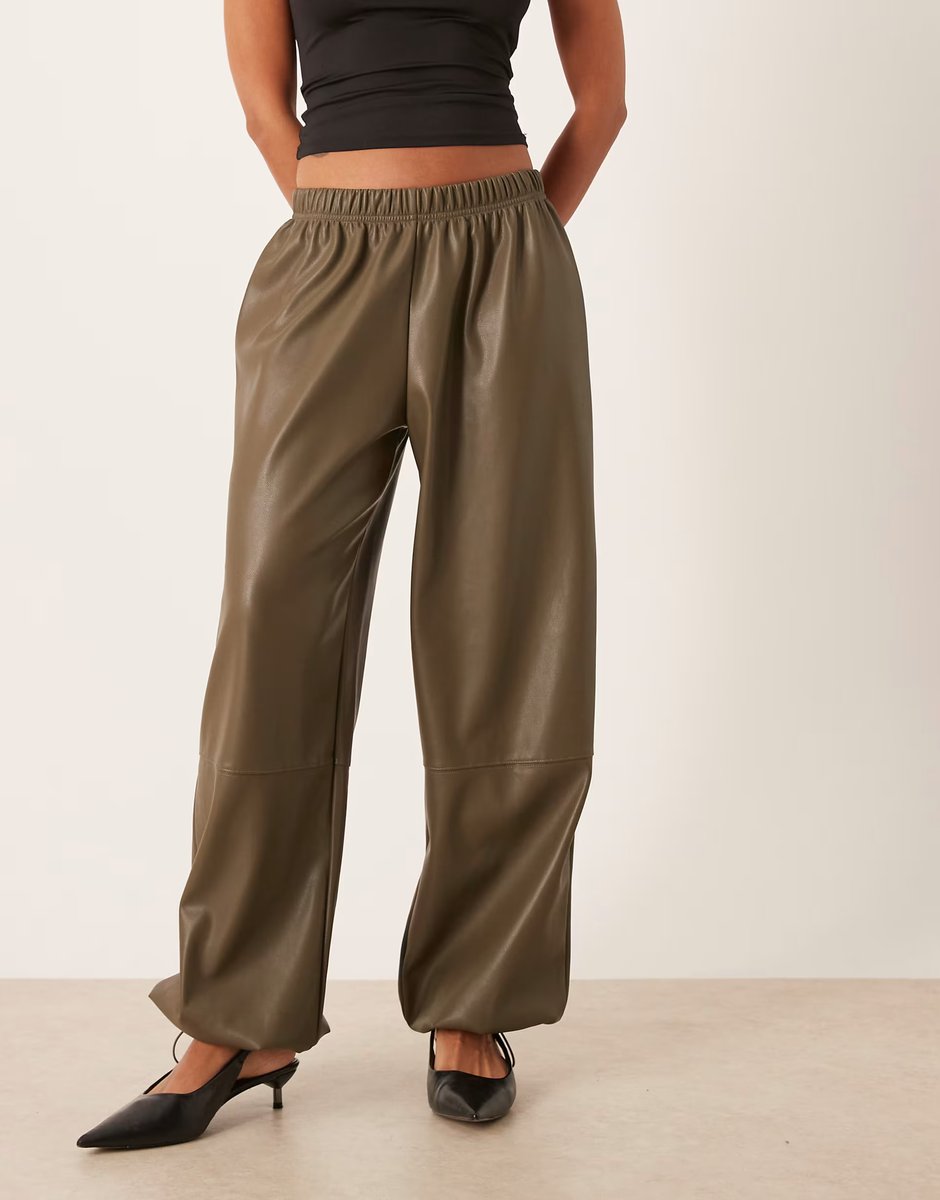 ASOS Gina Tricot PU balloon fit trousers in dark khaki green - 3
