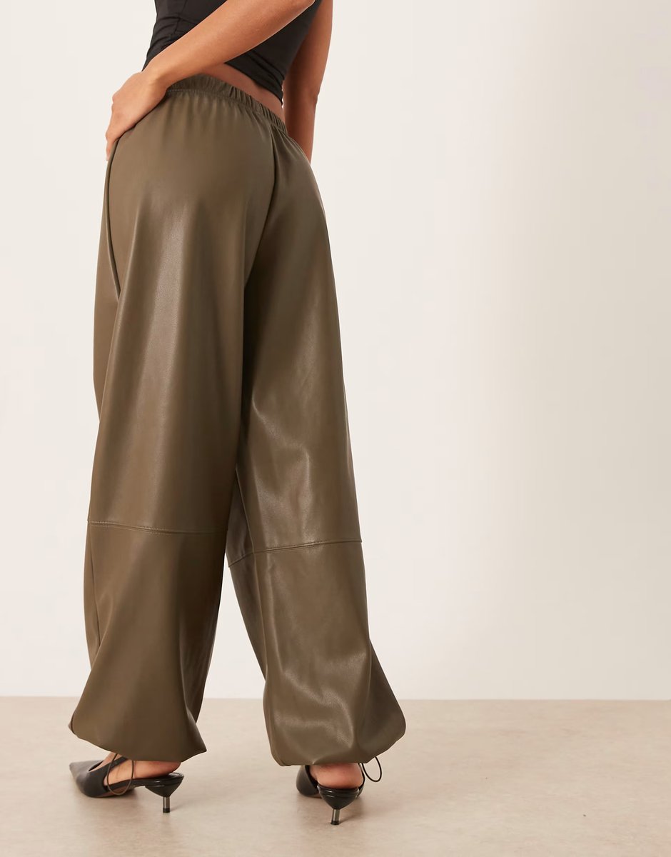 ASOS Gina Tricot PU balloon fit trousers in dark khaki green - 4