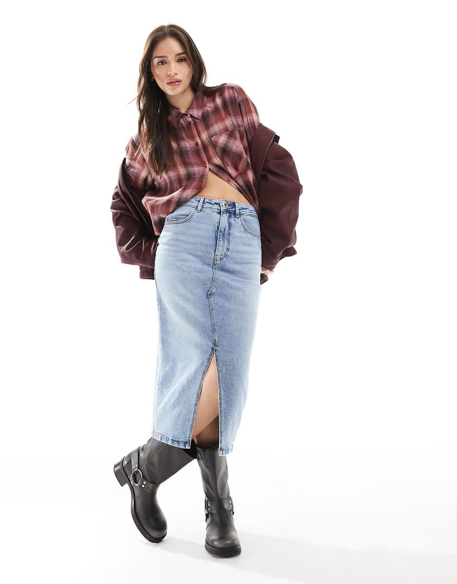 ASOS Vero Moda denim midi skirt with tie waist in light blue