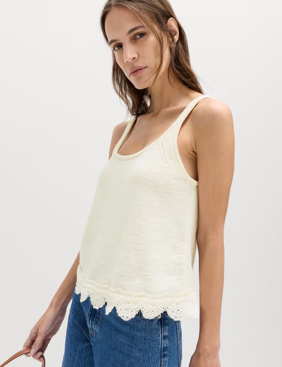 Marks & Spencer M&S Cotton Blend Lace Detail Cropped Knitted Vest Vanilla