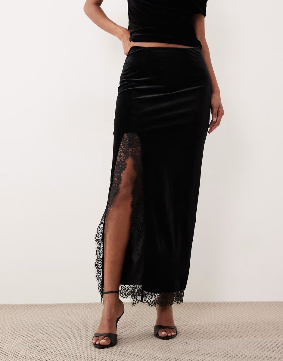 ASOS Gina Tricot co-ord velvet maxi skirt with laces side split in black - 2