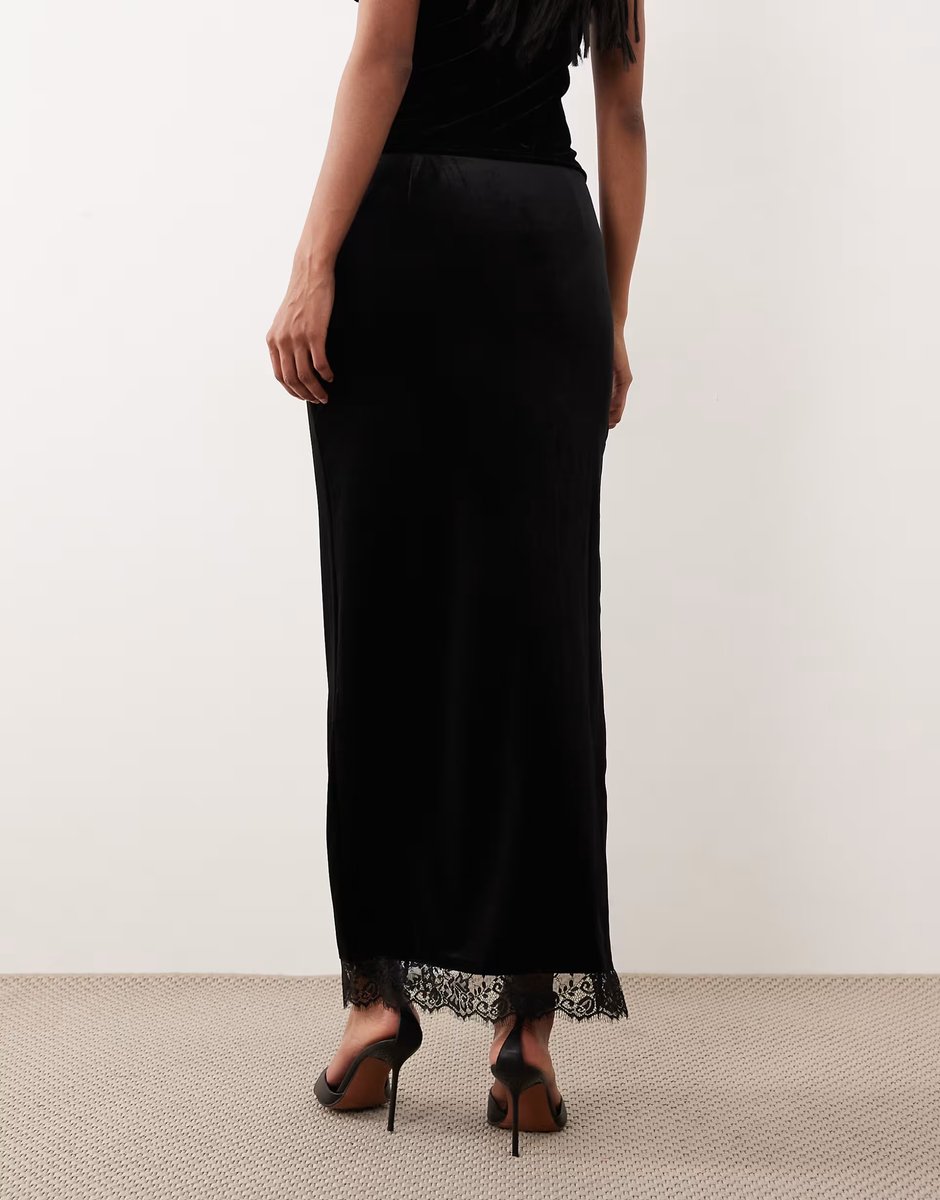 ASOS Gina Tricot co-ord velvet maxi skirt with laces side split in black - 4