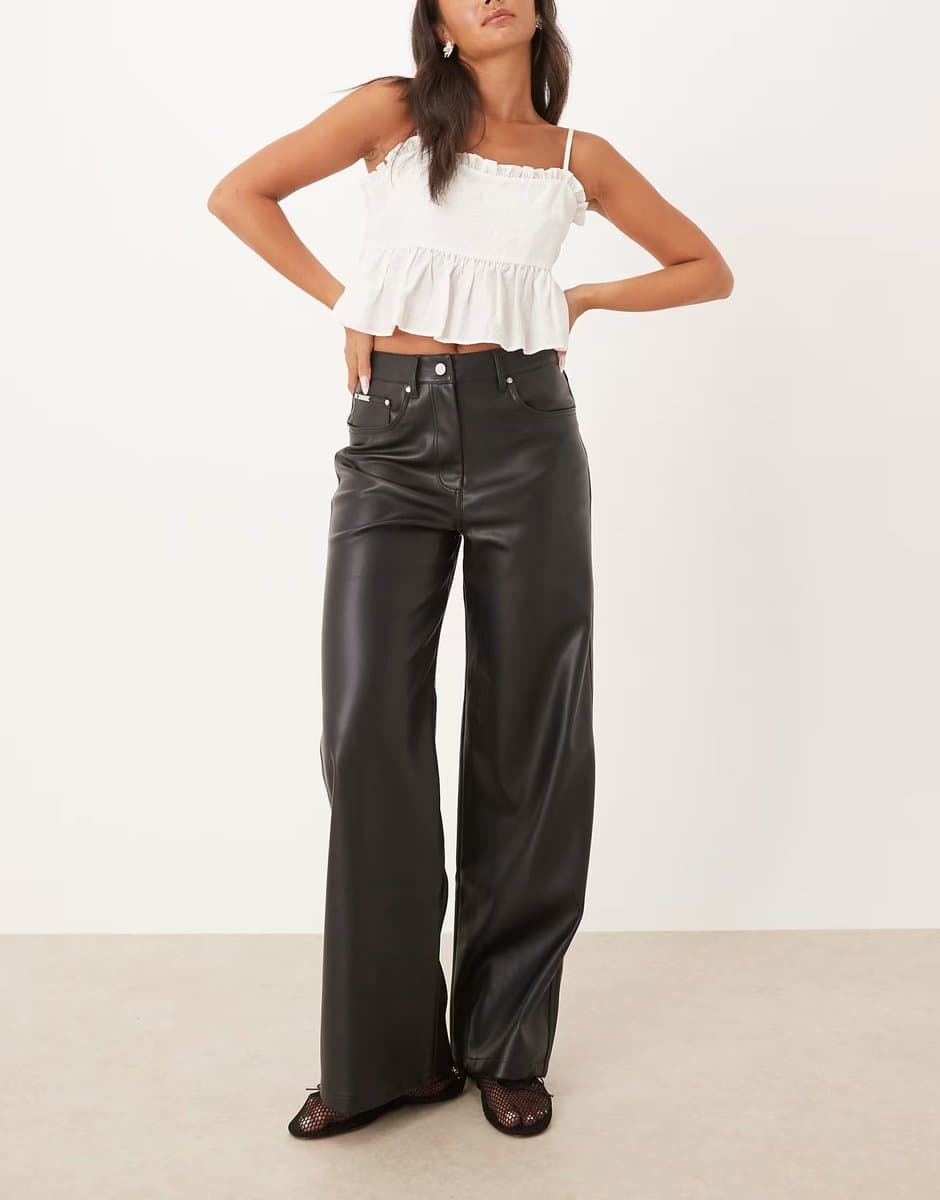 ASOS ASOS Calvin Klein Faux Leather Straight Trousers in Black