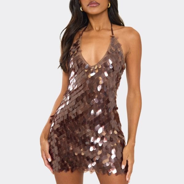 EGO Plunge Neck Mini Dress In Brown Disc Sequin, Women's Size UK 10 - 2