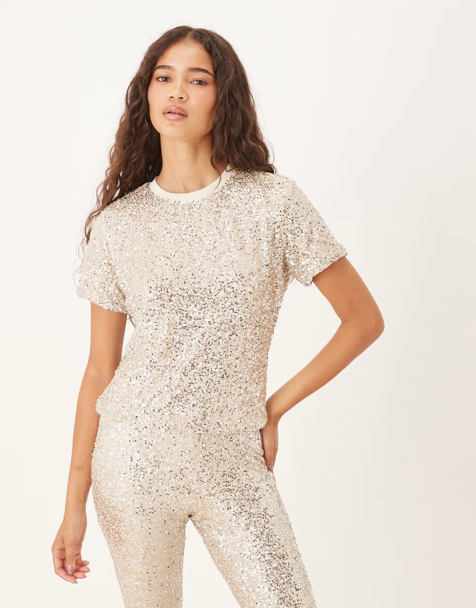 ASOS Never Fully Dressed sequin t-shirt co-ord in silver - 2