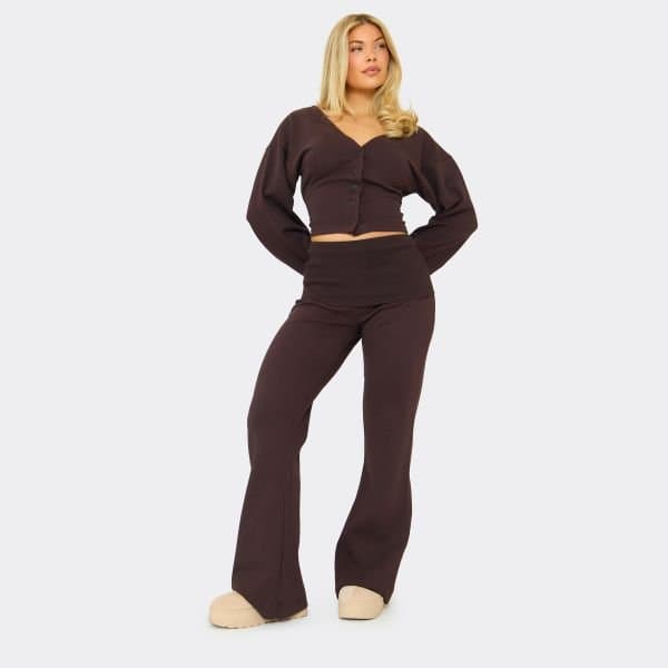 EGO Low Rise Foldover Flared Leg Joggers In Chocolate Brown, Women's Size UK 6