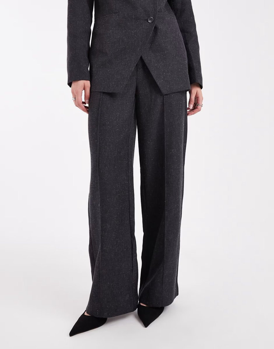 ASOS Object seam front tailored wide leg trouser co-ord in dark grey melange - 3