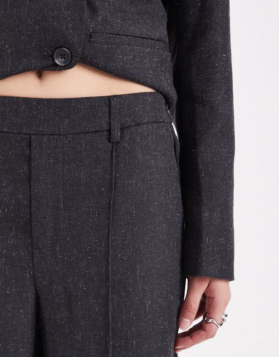 ASOS Object seam front tailored wide leg trouser co-ord in dark grey melange - 4