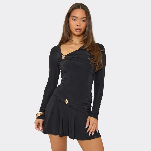 EGO Long Sleeve Trim Frilled Hem Detail Mini Dress In Black, Women's Size UK 6 - 1