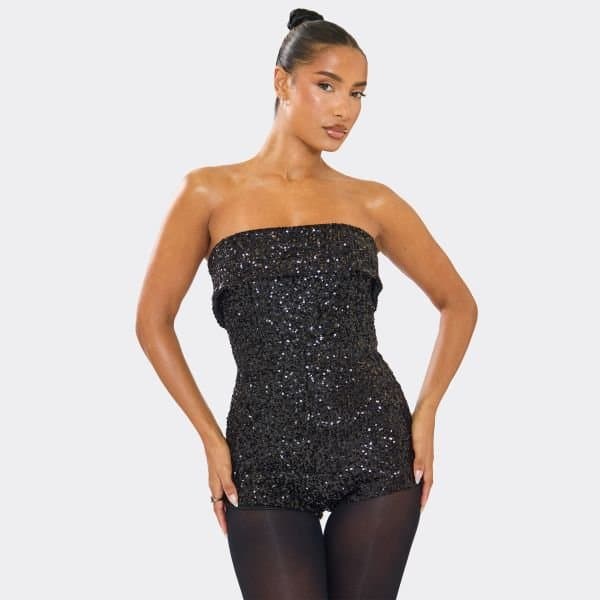 EGO Bandeau Foldover Micro Playsuit In Black Sequin, Women's Size UK 6