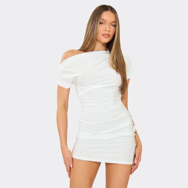 EGO Asymmetric One Shoulder Drape Detail Mini Dress In Cream, Women's Size UK Large L - 2