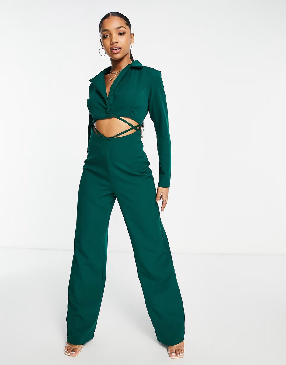 ASOS Trendyol cut out strappy jumpsuit in emerald green - 1