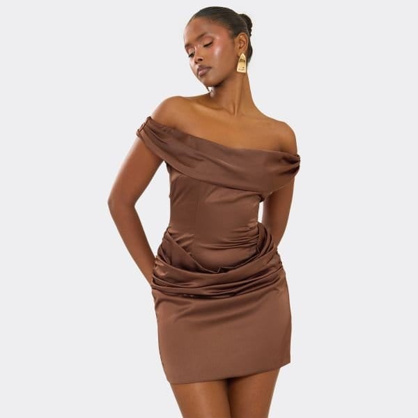 EGO Bardot Drape Detail Mini Dress In Chocolate Brown Satin, Women's Size UK 6 - 1