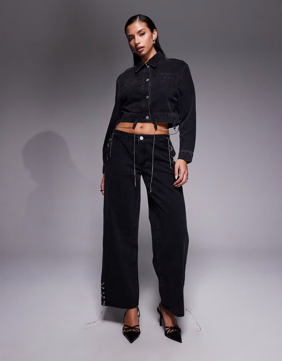 ASOS Liquor N Poker boxy denim chain detail jacket & jean co-ord in black