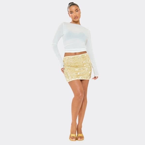 EGO Mid Rise Embellished Sequin Micro Skirt In Gold, Women's Size UK 6