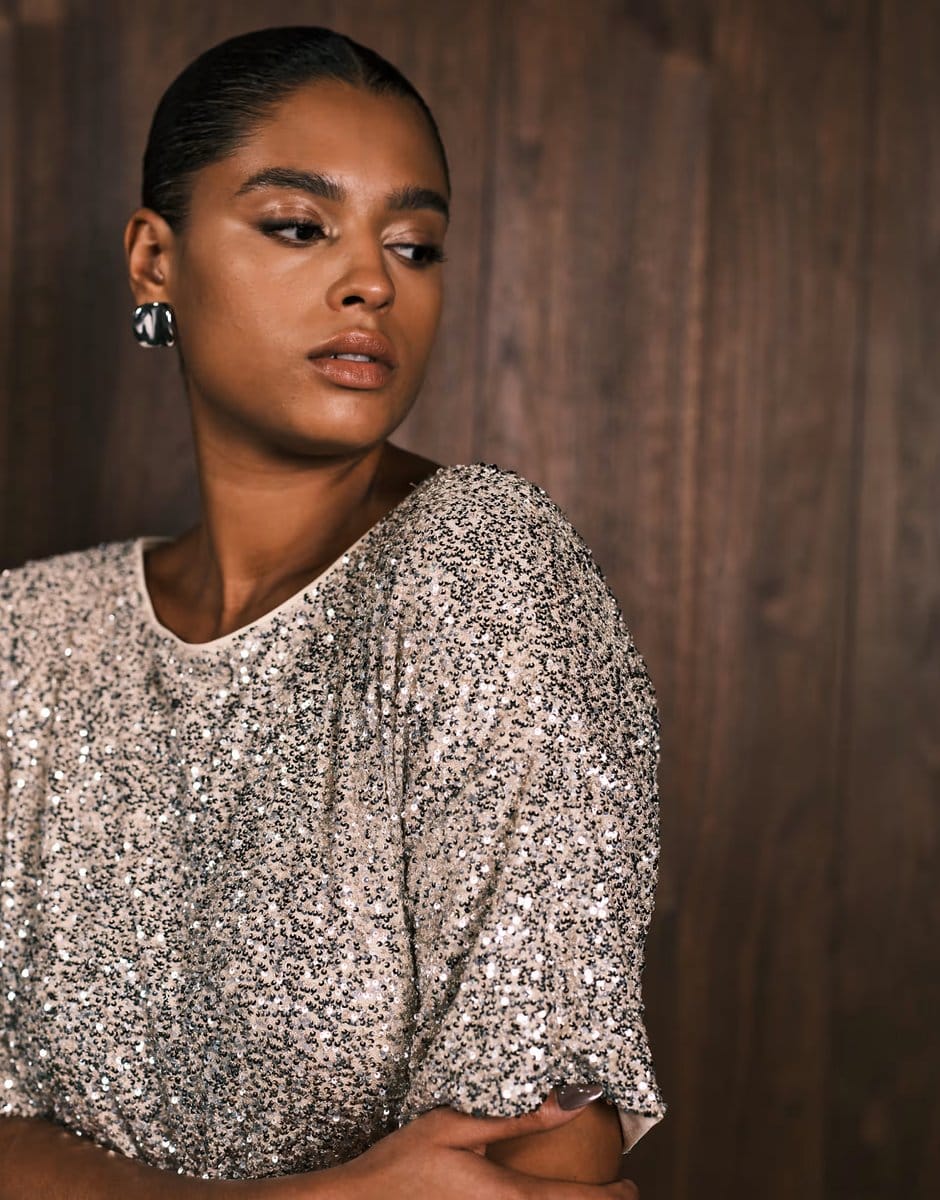 ASOS Never Fully Dressed Plus sequin t-shirt mini dress in silver - 4