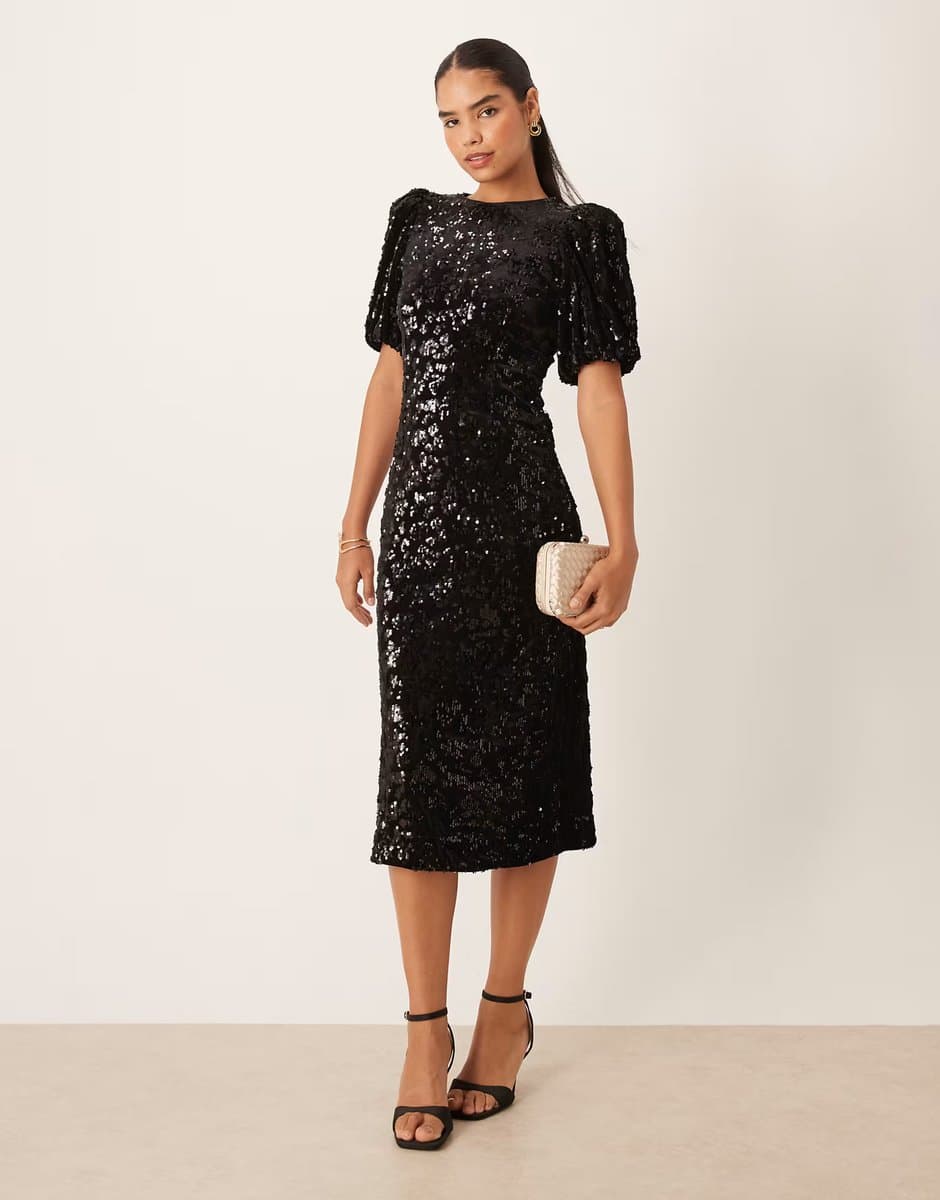 ASOS YAS puff sleeve sequin midi dress in black