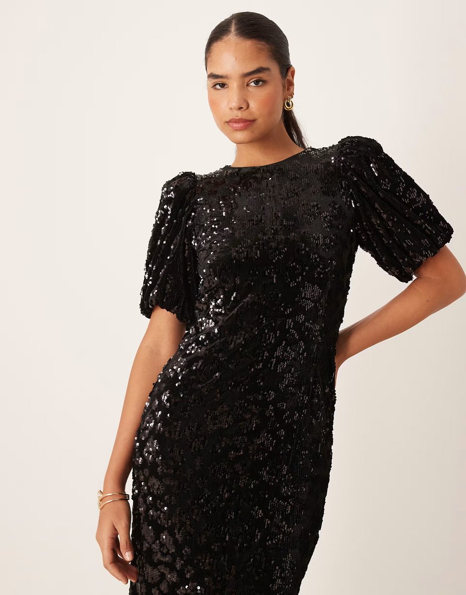 ASOS YAS puff sleeve sequin midi dress in black - 3