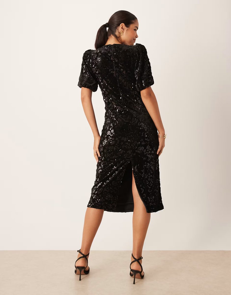 ASOS YAS puff sleeve sequin midi dress in black - 4