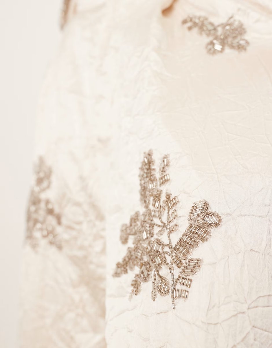 ASOS ARRANGE crinkle satin floral embellished trouser co-ord in cream - 4