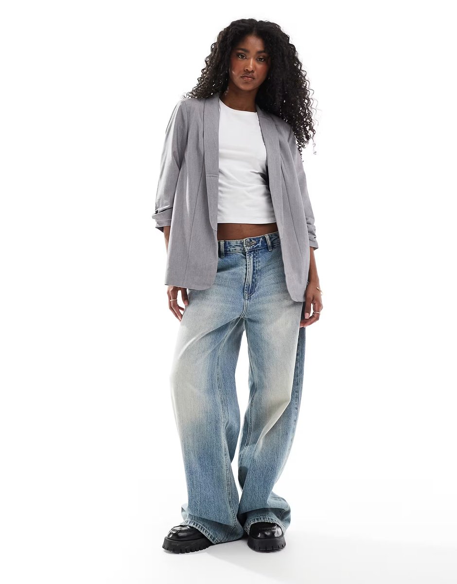 ASOS Pieces ruched sleeve blazer in light grey melange - 3