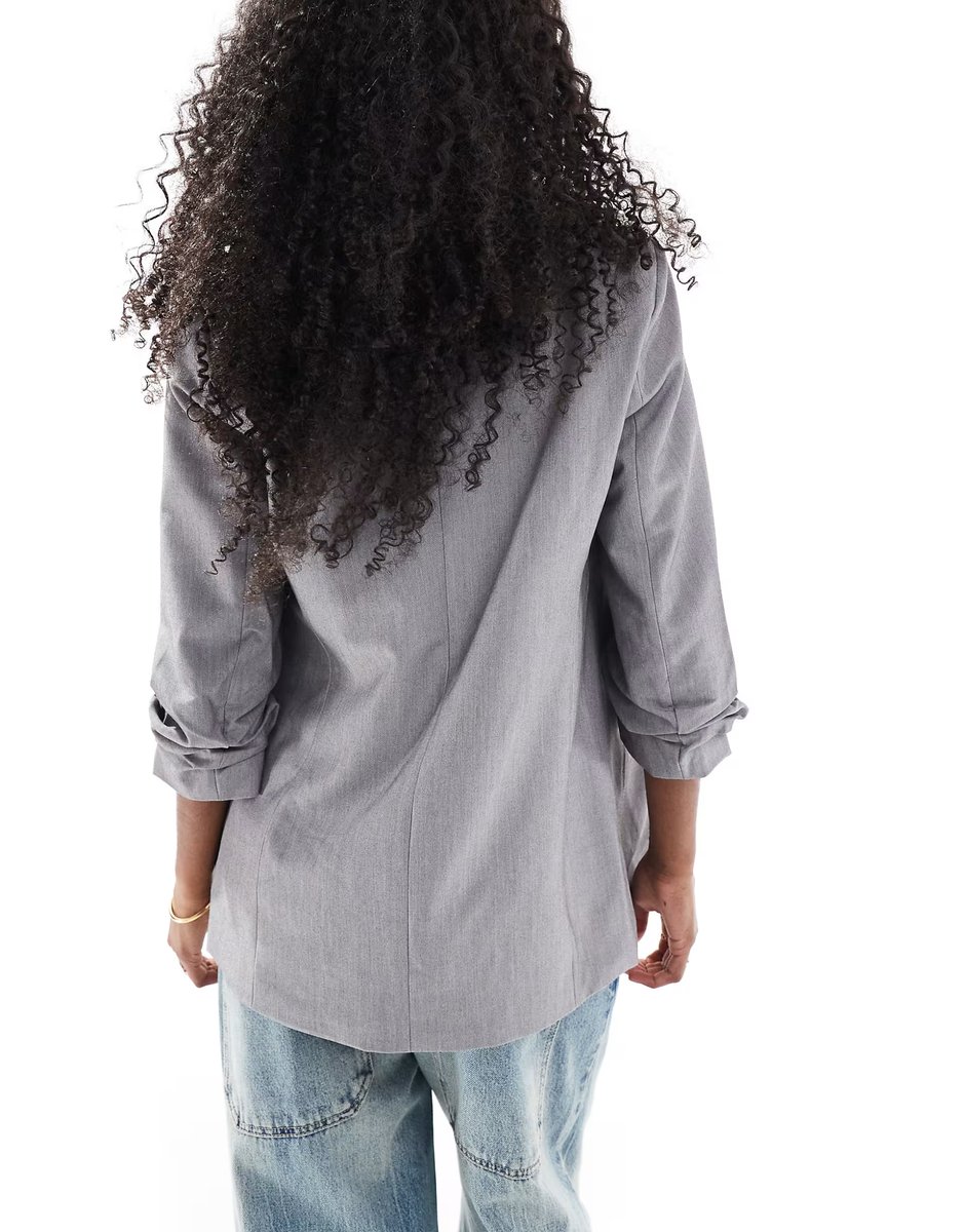 ASOS Pieces ruched sleeve blazer in light grey melange - 4