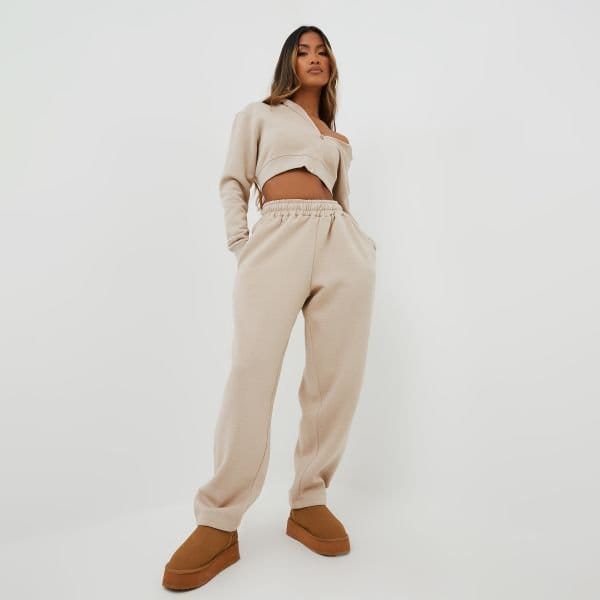 EGO High Waist Oversized Wide Leg Joggers In Beige, Women's Size UK 8 - 1