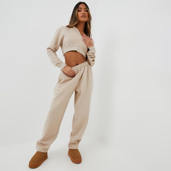 EGO High Waist Oversized Wide Leg Joggers In Beige, Women's Size UK 8 - 2