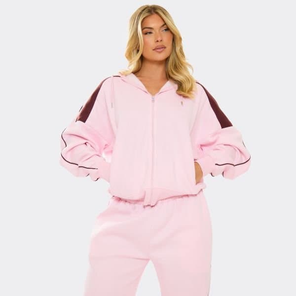 EGO Burgundy Contrast Stripe Zip Through Oversized Hoodie In Pink, Women's Size UK 10