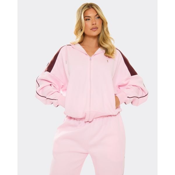 EGO Burgundy Contrast Stripe Zip Through Oversized Hoodie In Pink, Women's Size UK 10 - 2