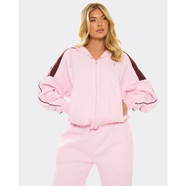 EGO Burgundy Contrast Stripe Zip Through Oversized Hoodie In Pink, Women's Size UK 10 - 2