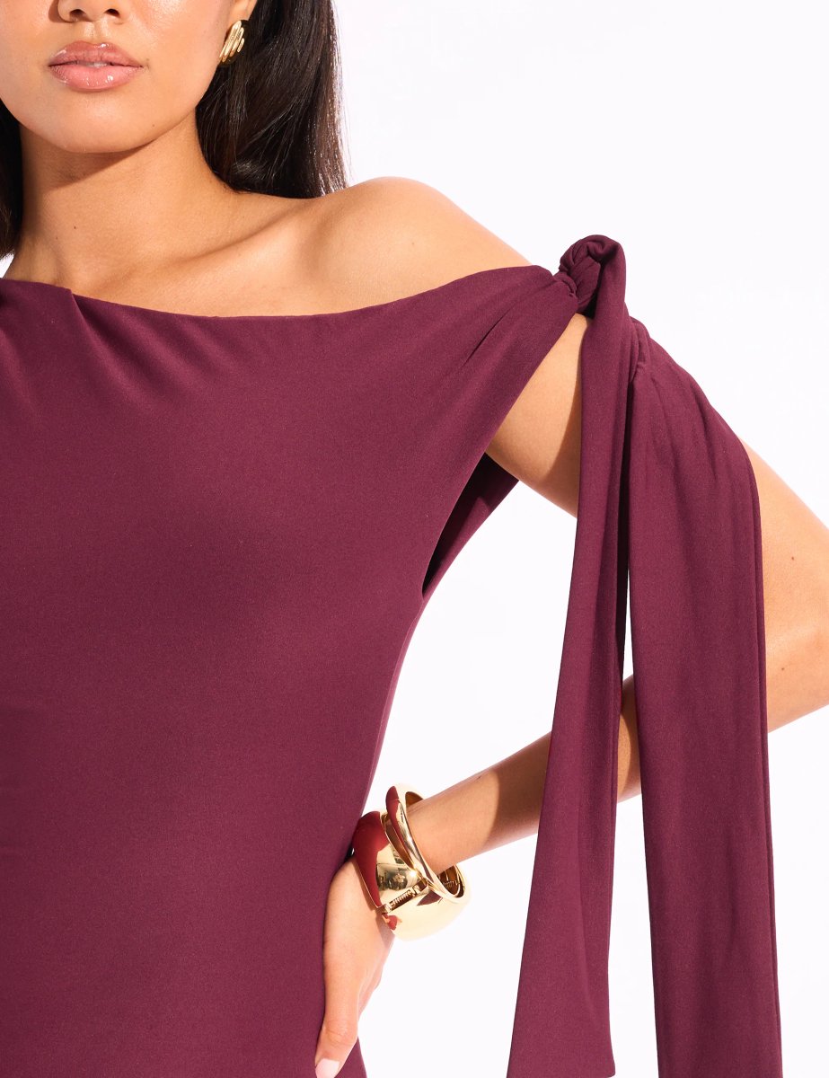 Public Desire Knot Detail Asymmetric One Shoulder Luxe Slinky Mini Dress Burgundy - 2