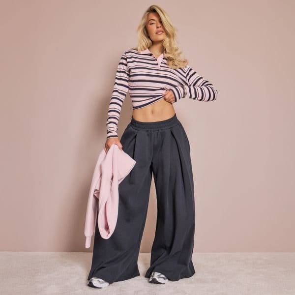 EGO Low Rise Pintuck Detail Wide Leg Joggers In Navy Blue, Women's Size UK 6 - 1