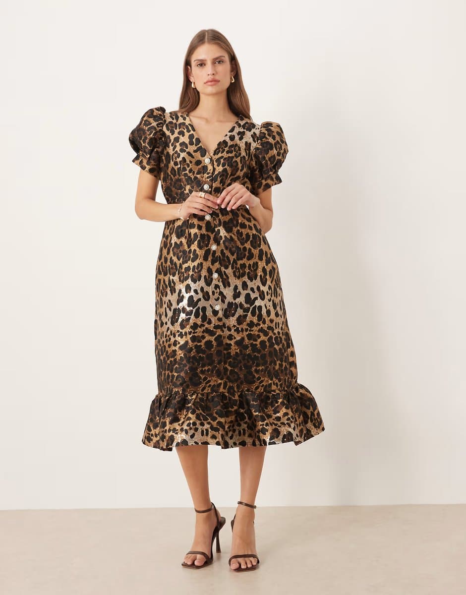 ASOS Sister Jane button front jacquard midi dress in leopard print