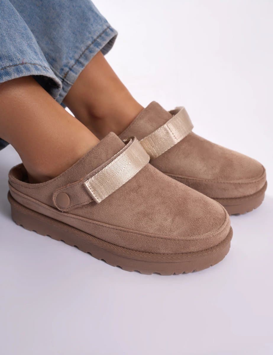 Public Desire Goldie Beige Faux Fur Lined Mules