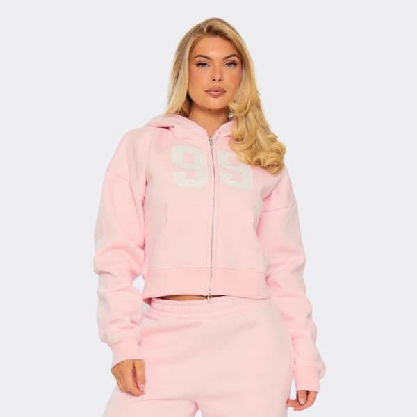 EGO EGO '99 Graphic Double Zip Boxy Hoodie in Baby Pink