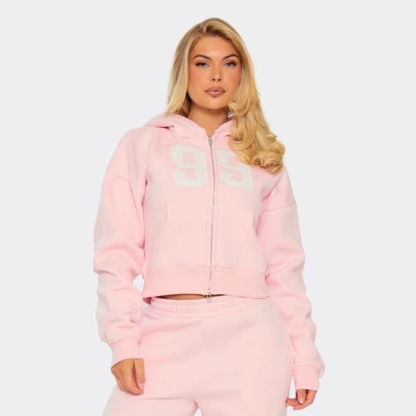 EGO Long Sleeve 99' Graphic Double Zip Boxy Hoodie In Baby Pink, Women's Size UK 4 - 1