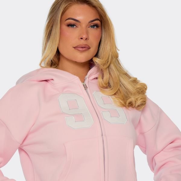 EGO Long Sleeve 99' Graphic Double Zip Boxy Hoodie In Baby Pink, Women's Size UK 4 - 2